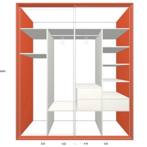 širší vestavěná skříň do ložnice s volným prostorem v horní části přes celou šířku