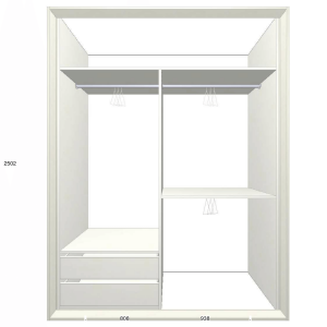 bílá vestavěná skříň do chodby se dvěma šuplíky, dvěma regály a volným prostorem na zavěšení oblečení