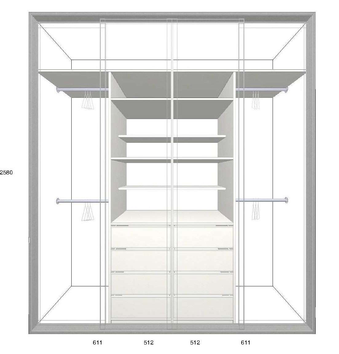 vestavěná skříň do ložnice se šuplíky a regály uprostřed a s volným prostorem po obou stranách